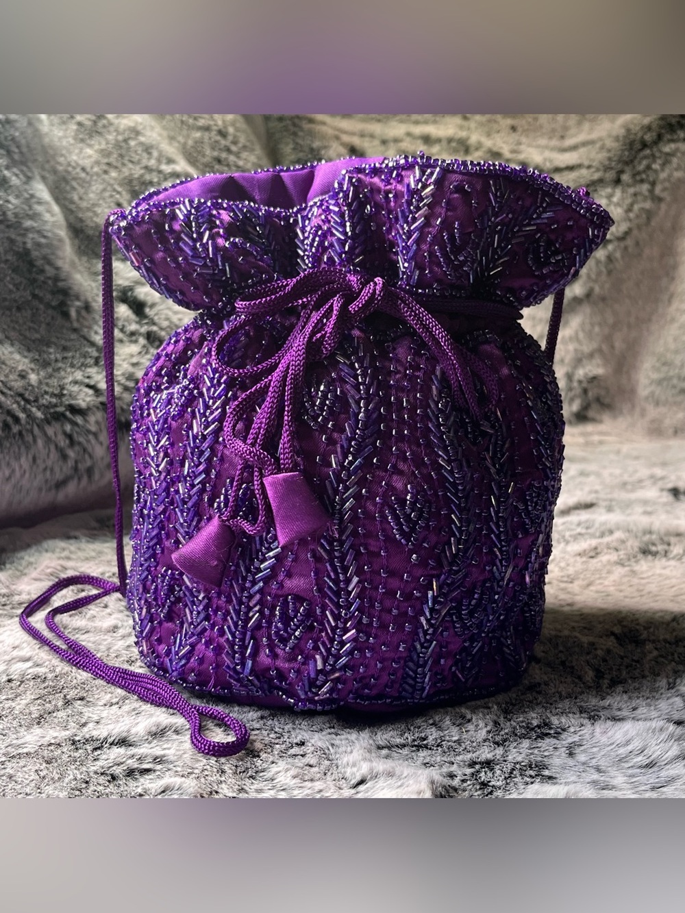Artisan Purple Glass Beaded Drawstring Bucket Bag, Hand Embellished - Picture 7 of 15